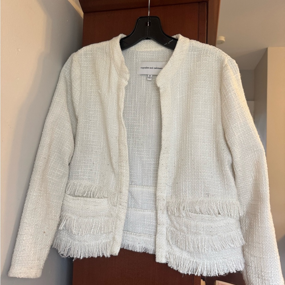 White Textured Open Front Jacket